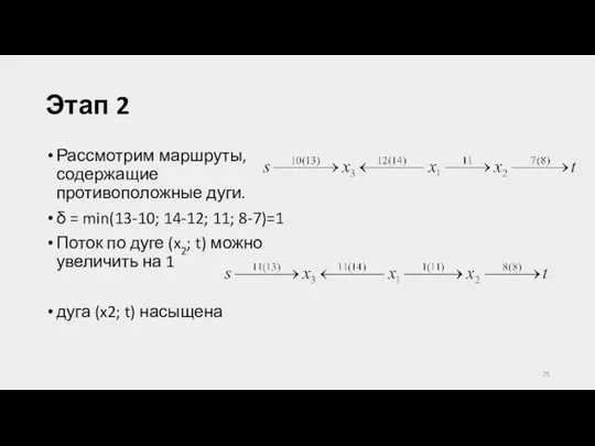 Этап 2 Рассмотрим маршруты, содержащие противоположные дуги. δ = min(13-10;