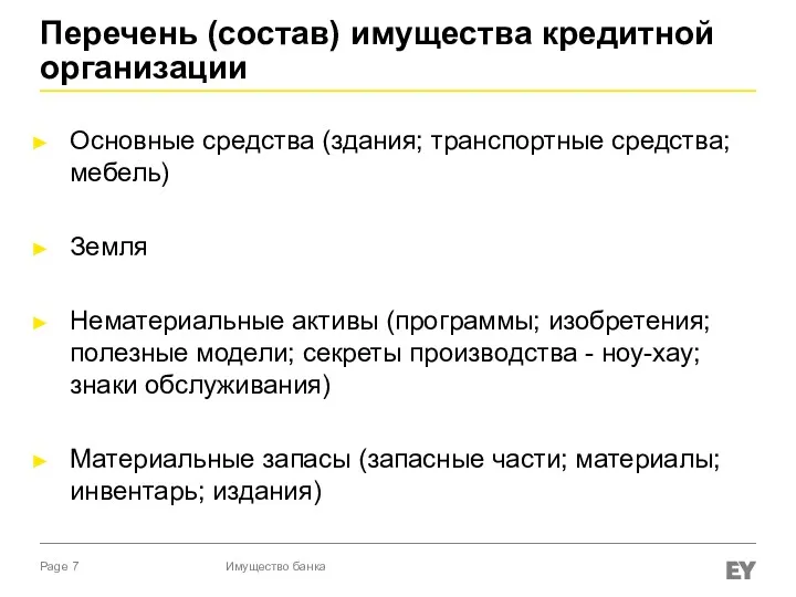 Перечень (состав) имущества кредитной организации Основные средства (здания; транспортные средства;