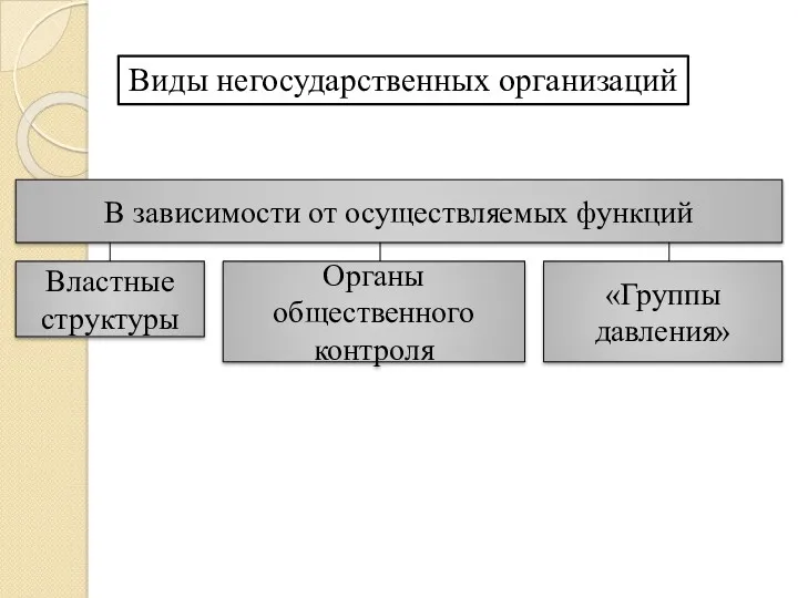 В зависимости от осуществляемых функций Властные структуры Органы общественного контроля Виды негосударственных организаций «Группы давления»