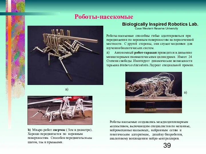 Роботы-насекомые Biologically Inspired Robotics Lab. Case Western Reserve University Роботы-насекомые способны гибко адаптироваться