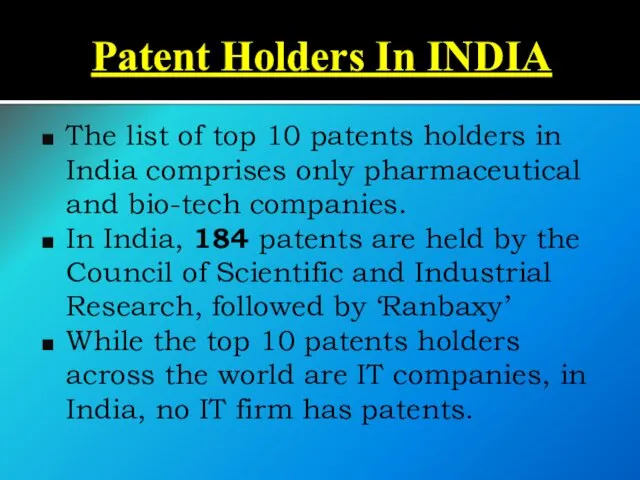 Patent Holders In INDIA The list of top 10 patents holders in India