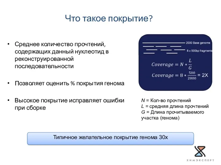 Что такое покрытие? Среднее количество прочтений, содержащих данный нуклеотид в