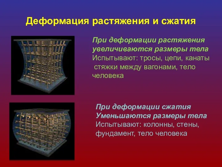 Деформация растяжения и сжатия При деформации растяжения увеличиваются размеры тела