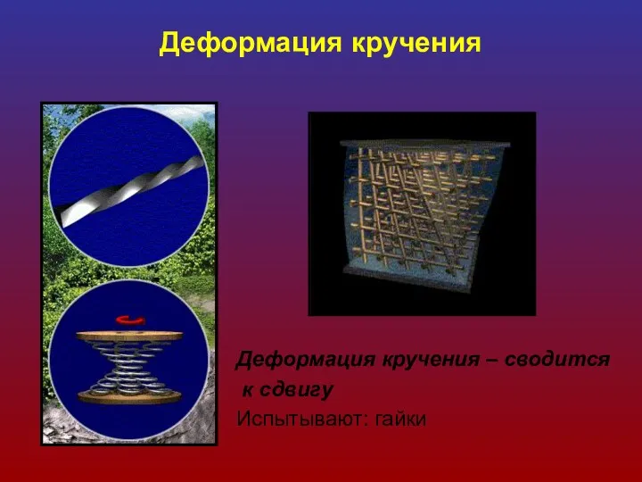 Деформация кручения Деформация кручения – сводится к сдвигу Испытывают: гайки