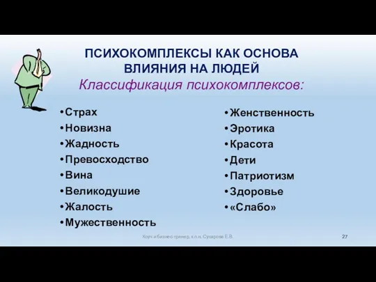 Коуч и бизнес-тренер, к.п.н. Сусарова Е.В. Страх Новизна Жадность Превосходство