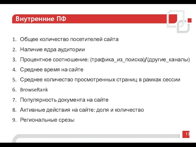 13 Внутренние ПФ Общее количество посетителей сайта Наличие ядра аудитории