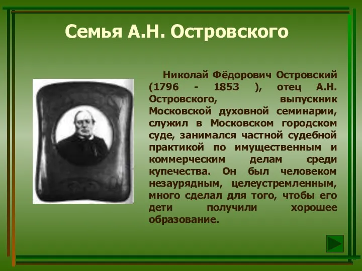 Семья А.Н. Островского Николай Фёдорович Островский (1796 - 1853 ), отец А.Н. Островского,