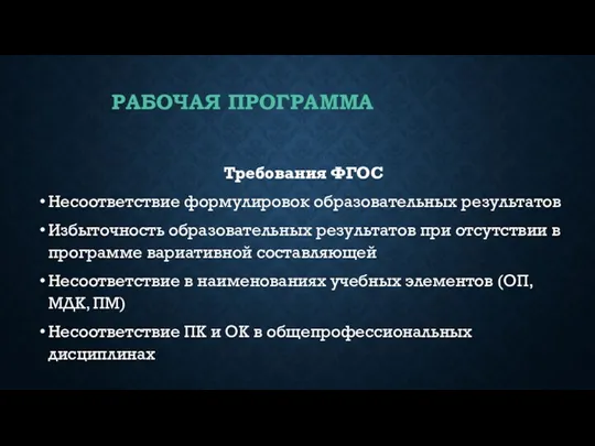 РАБОЧАЯ ПРОГРАММА Требования ФГОС Несоответствие формулировок образовательных результатов Избыточность образовательных