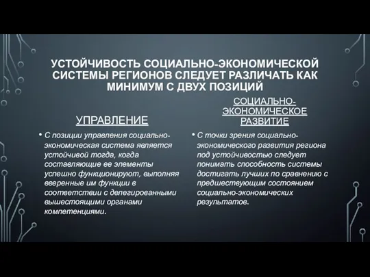 УСТОЙЧИВОСТЬ СОЦИАЛЬНО-ЭКОНОМИЧЕСКОЙ СИСТЕМЫ РЕГИОНОВ СЛЕДУЕТ РАЗЛИЧАТЬ КАК МИНИМУМ С ДВУХ