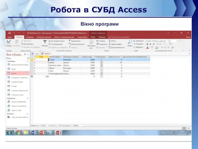 Робота в СУБД Access Вікно програми