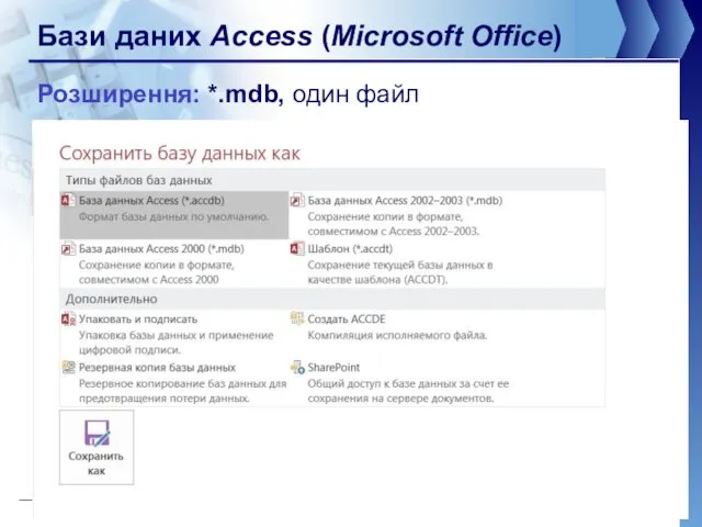 Бази даних Access (Microsoft Office) Розширення: *.mdb, один файл