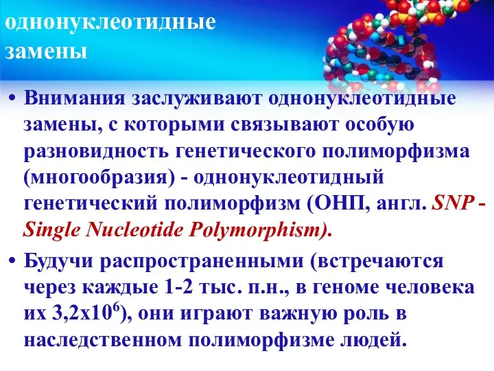 однонуклеотидные замены Внимания заслуживают однонуклеотидные замены, с которыми связывают особую