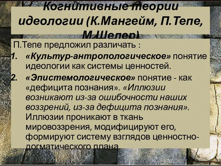 Когнитивные теории идеологии (К.Мангейм, П.Тепе, М.Шелер) П.Тепе предложил различать :