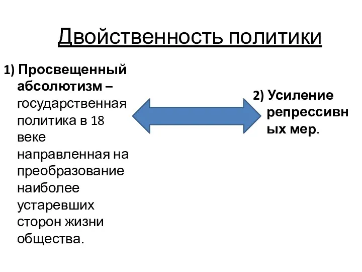 Двойственность политики 1) Просвещенный абсолютизм – государственная политика в 18