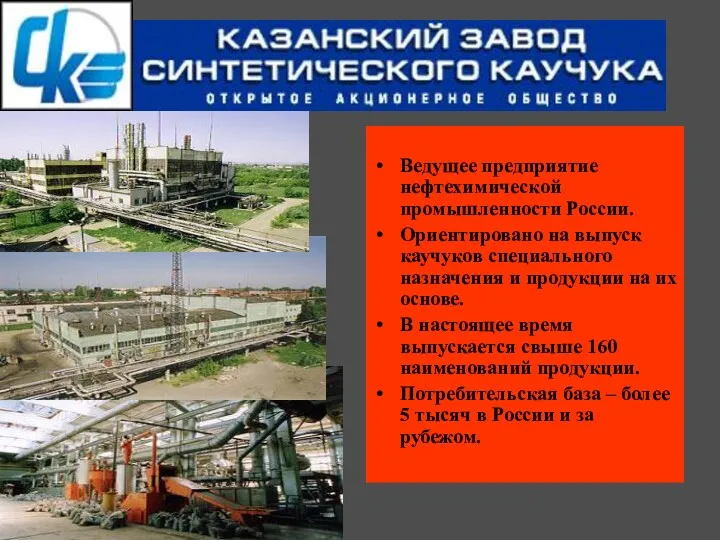 Ведущее предприятие нефтехимической промышленности России. Ориентировано на выпуск каучуков специального назначения и продукции