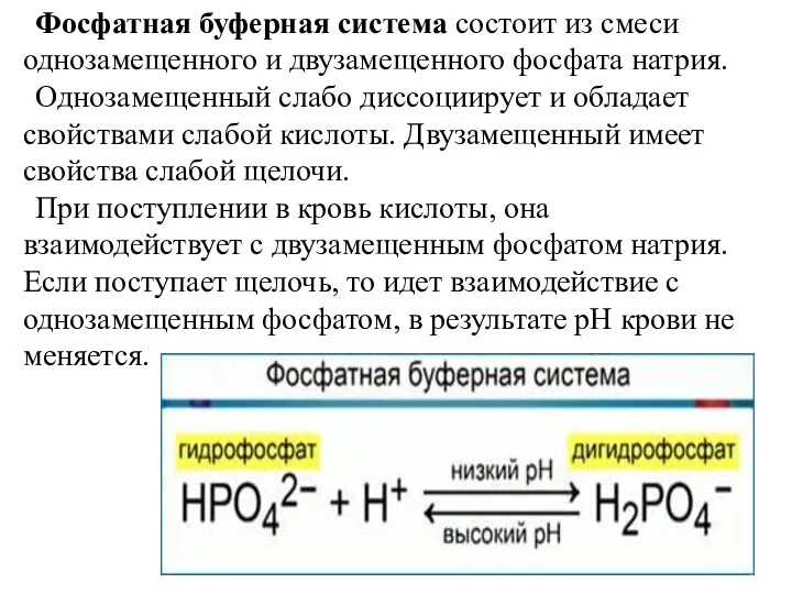 Фосфатная буферная система состоит из смеси однозамещенного и двузамещенного фосфата натрия. Однозамещенный слабо