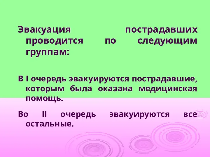 Эвакуация пострадавших проводится по следующим группам: В I очередь эвакуируются