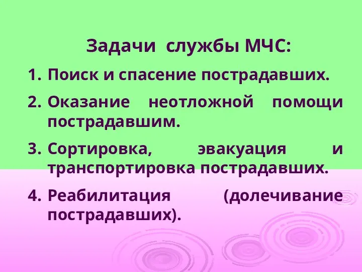 Задачи службы МЧС: Поиск и спасение пострадавших. Оказание неотложной помощи