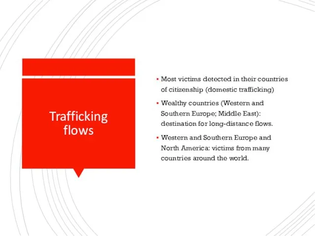 Trafficking flows Most victims detected in their countries of citizenship (domestic trafficking) Wealthy