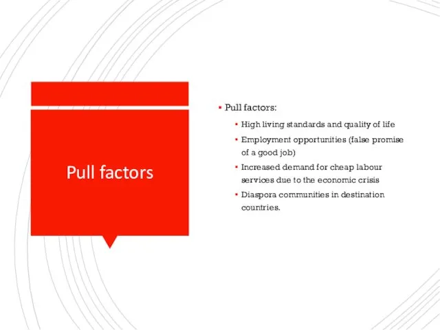 Pull factors Pull factors: High living standards and quality of life Employment opportunities