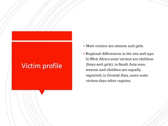 Victim profile Most victims are women and girls. Regional differences in the sex