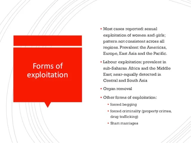 Forms of exploitation Most cases reported: sexual exploitation of women and girls; pattern