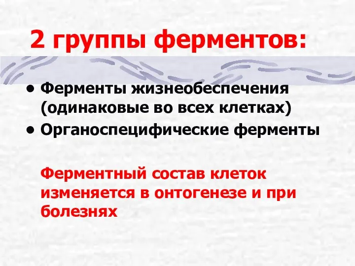 2 группы ферментов: Ферменты жизнеобеспечения (одинаковые во всех клетках) Органоспецифические