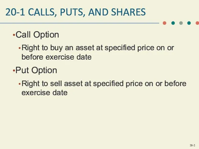 20-1 CALLS, PUTS, AND SHARES Call Option Right to buy an asset at