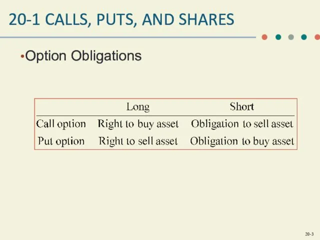 20-1 CALLS, PUTS, AND SHARES Option Obligations
