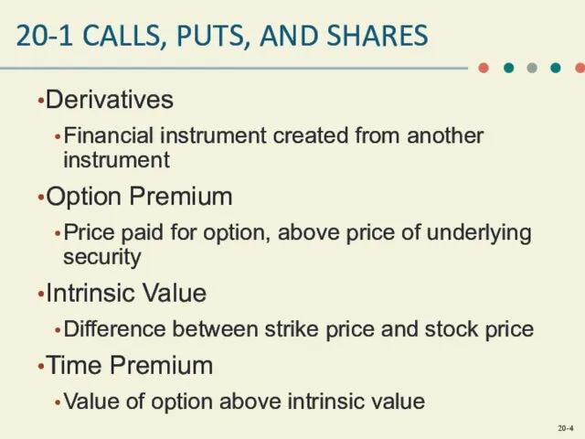 20-1 CALLS, PUTS, AND SHARES Derivatives Financial instrument created from another instrument Option
