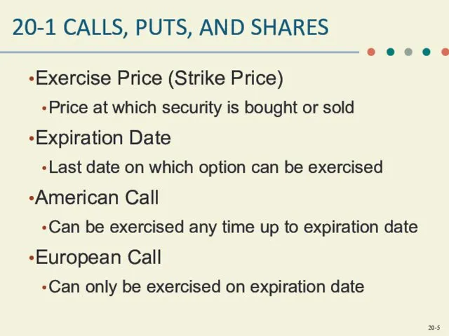 20-1 CALLS, PUTS, AND SHARES Exercise Price (Strike Price) Price at which security