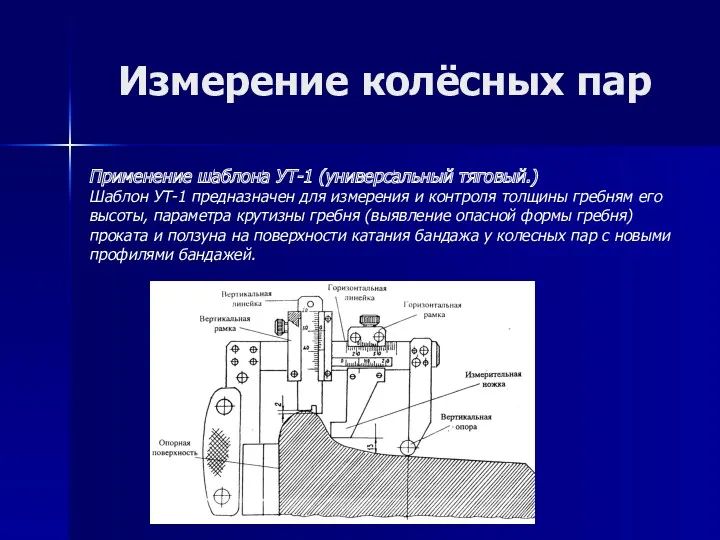 Измерение колёсных пар Применение шаблона УТ-1 (универсальный тяговый.) Шаблон УТ-1 предназначен для измерения