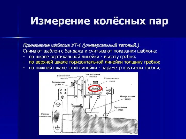 Измерение колёсных пар Применение шаблона УТ-1 (универсальный тяговый.) Снимают шаблон с бандажа и
