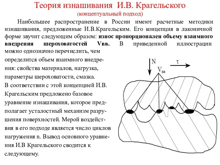 Теория изнашивания И.В. Крагельского (концептуальный подход) Наибольшее распространение в России имеют расчетные методики
