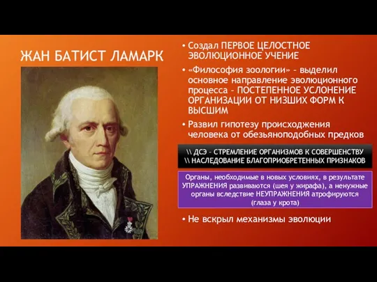 ЖАН БАТИСТ ЛАМАРК Создал ПЕРВОЕ ЦЕЛОСТНОЕ ЭВОЛЮЦИОННОЕ УЧЕНИЕ «Философия зоологии»