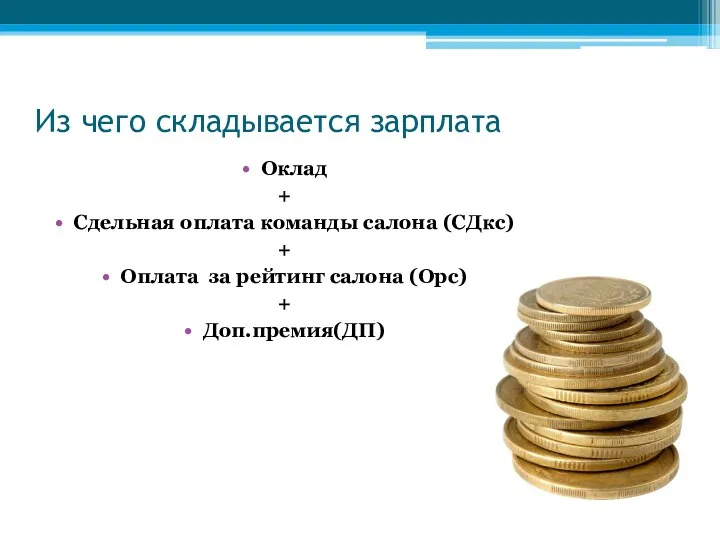 Из чего складывается зарплата Оклад + Сдельная оплата команды салона