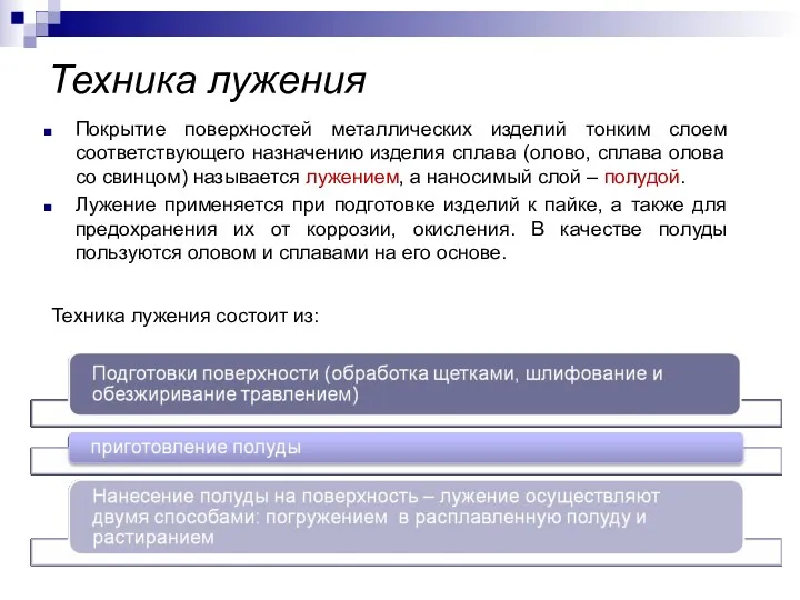 Техника лужения Покрытие поверхностей металлических изделий тонким слоем соответствующего назначению