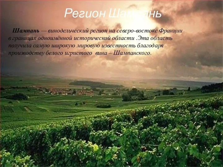 Регион Шампань Шампань — винодельческий регион на северо-востоке Франции в