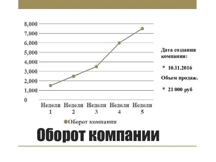 Дата создания компании: 10.11.2016 Объем продаж. 21 000 руб Оборот компании