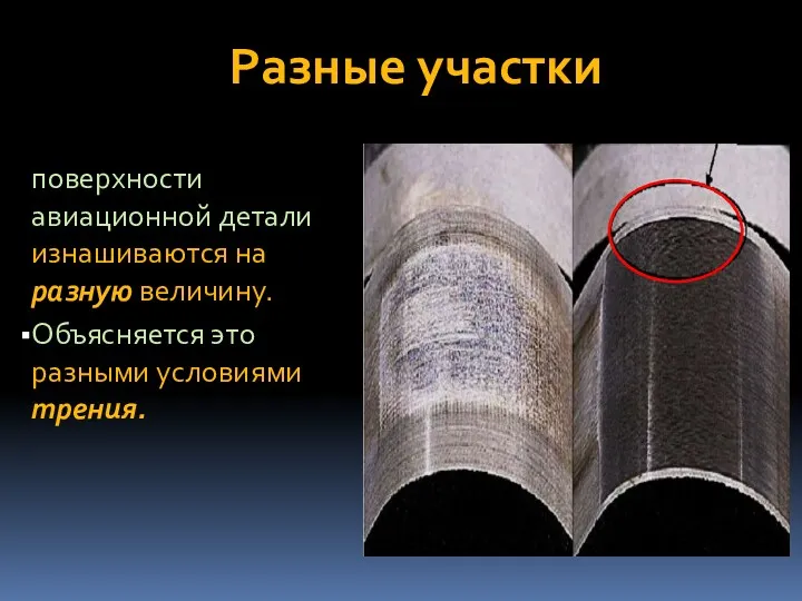 Разные участки поверхности авиационной детали изнашиваются на разную величину. Объясняется это разными условиями трения.