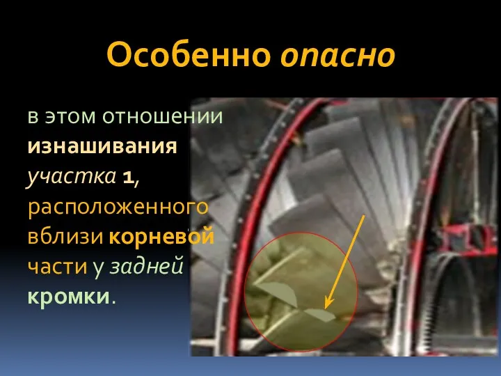 Особенно опасно в этом отношении изнашивания участка 1, расположенного вблизи корневой части у задней кромки.