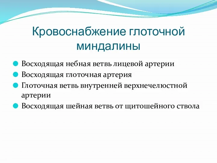 Кровоснабжение глоточной миндалины Восходящая небная ветвь лицевой артерии Восходящая глоточная