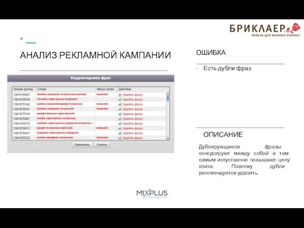 ОШИБКА Есть дубли фраз ОПИСАНИЕ АНАЛИЗ РЕКЛАМНОЙ КАМПАНИИ 16 Дублирующиеся