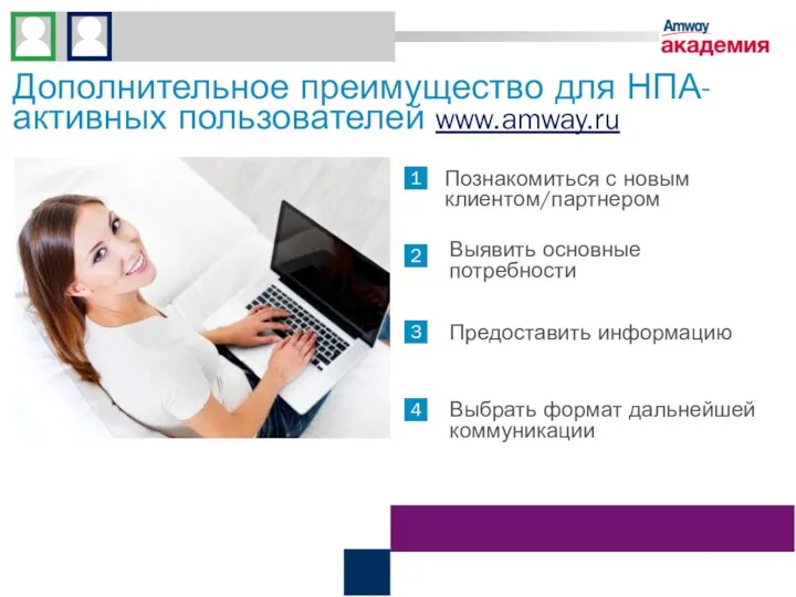 Дополнительное преимущество для НПА-активных пользователей www.amway.ru Познакомиться с новым клиентом/партнером Выявить основные потребности