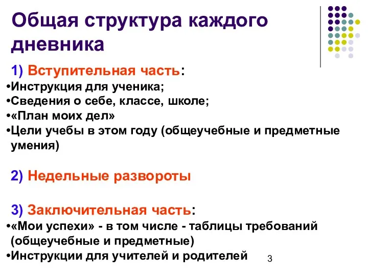 Общая структура каждого дневника 1) Вступительная часть: Инструкция для ученика; Сведения о себе,