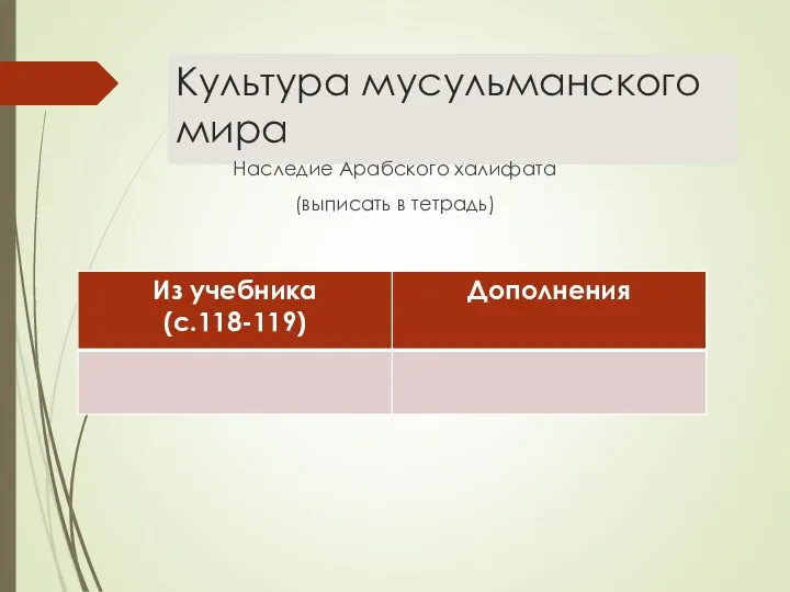 Культура мусульманского мира Наследие Арабского халифата (выписать в тетрадь)