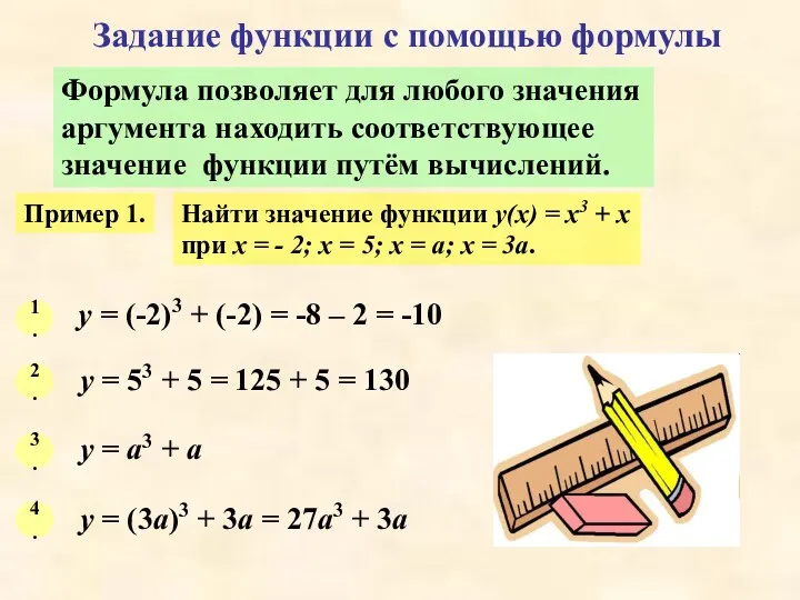 Задание функции с помощью формулы Формула позволяет для любого значения