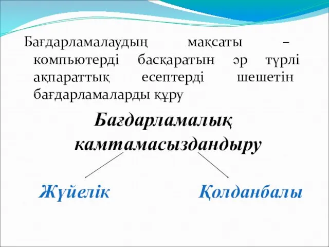 Бағдарламалаудың мақсаты – компьютерді басқаратын әр түрлі ақпараттық есептерді шешетін бағдарламаларды құру Бағдарламалық камтамасыздандыру Жүйелік Қолданбалы