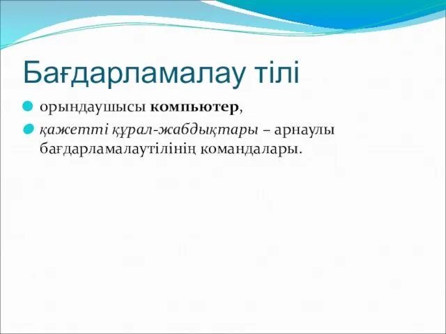 Бағдарламалау тілі орындаушысы компьютер, қажетті құрал-жабдықтары – арнаулы бағдарламалаутілінің командалары.