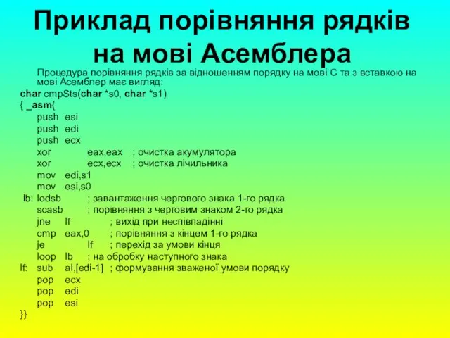 Приклад порівняння рядків на мові Асемблера Процедура порівняння рядків за відношенням порядку на